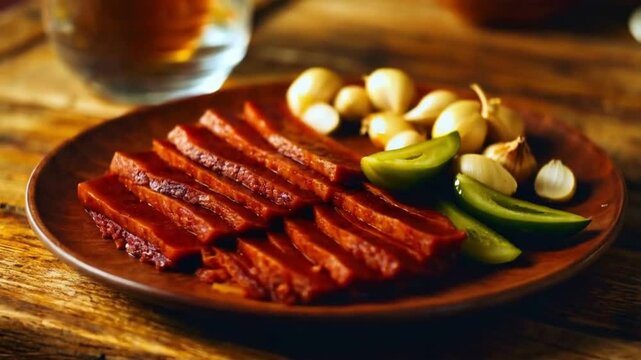 Plate of sliced salo, garnished with garlic and pickles, traditional Ukrainian setting with wooden table, warm rustic lighting
