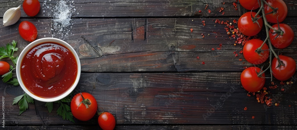 Poster flavorful ketchup in a white bowl with spices and fresh tomatoes on a dark wooden surface creating a