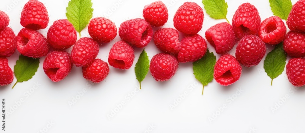 Aufkleber fresh red raspberries arranged on a white backdrop with green leaves, providing ample copy space alo