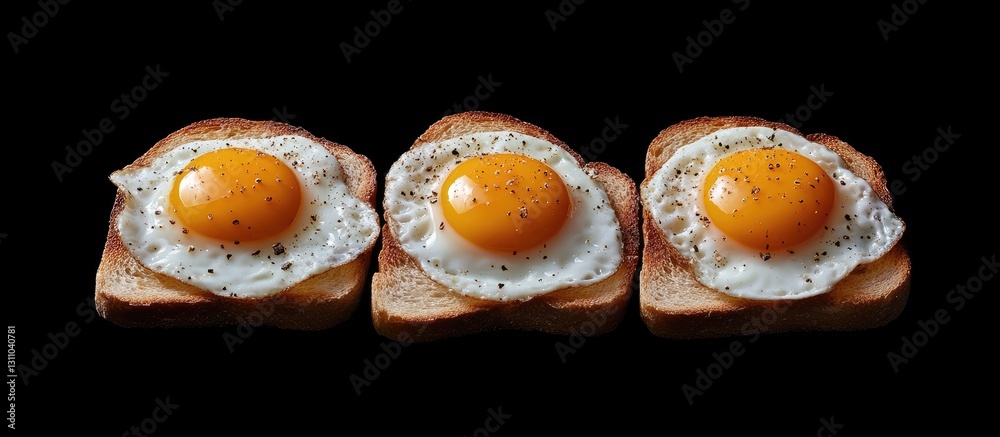 Poster golden fried eggs atop three toasted bread slices, arranged horizontally on a black background, show