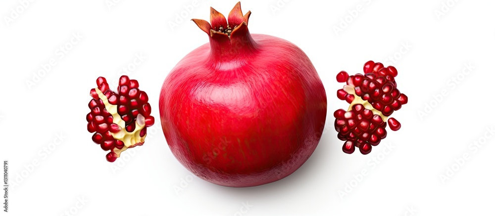 Aufkleber Vibrant red pomegranate centered on a white background with two clusters of seeds on each side showcasing full depth of field and ample copy space