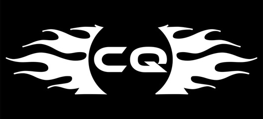 Futuristic abstract Logo with Fiery Flame Motif and Geometric 'CQ' Emblem, Black and White Artwork