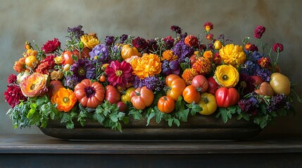 A fresh and vibrant arrangement of heirloom tomatoes in warm purples bright yellows and rich reds