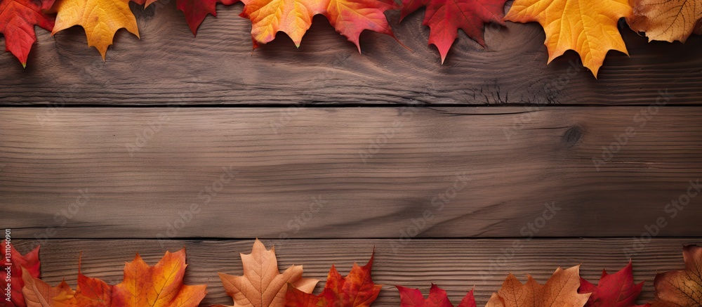 Poster autumn leaves in shades of orange yellow and red arranged on a rustic wooden background with space f