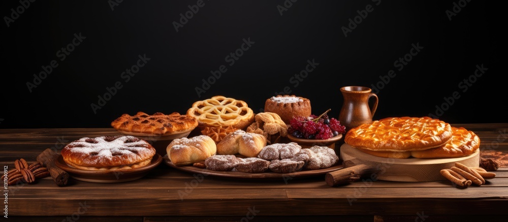 Poster traditional turkish bakery display featuring a variety of pastries on rustic wooden table with dark 