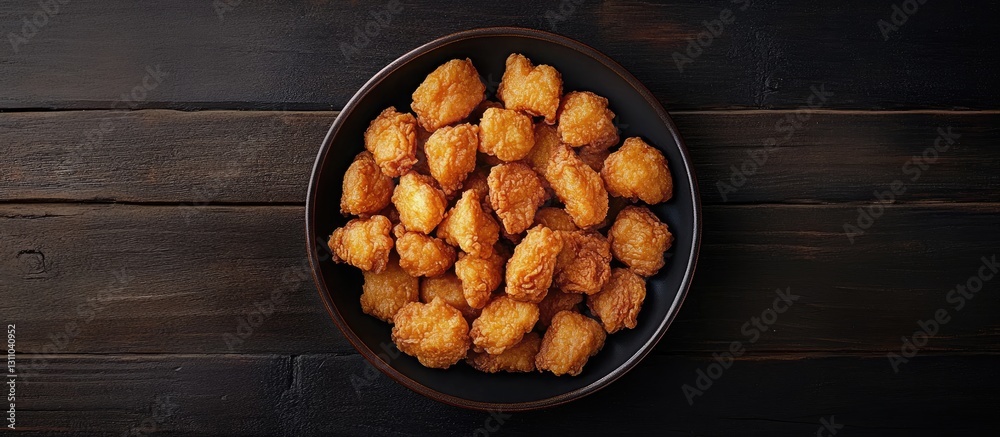 Poster Crispy golden brown fried chicken pieces in a dark bowl on a textured dark wooden surface displaying their appealing texture and color