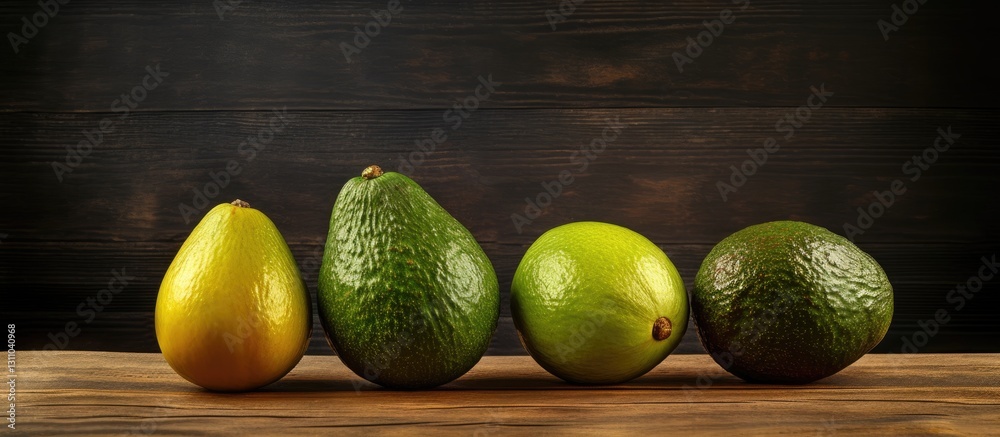 Aufkleber Fresh avocados in various shapes and sizes arranged on a rustic wooden surface with dark background showcasing vibrant green hues and copy space