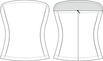 princess darted tailored sleeveless strapless neck zippered bodycon fit blouse top bustier template technical drawing flat sketch cad mockup fashion woman design style model 
