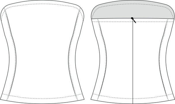 princess darted tailored sleeveless strapless neck zippered bodycon fit blouse top bustier template technical drawing flat sketch cad mockup fashion woman design style model 
