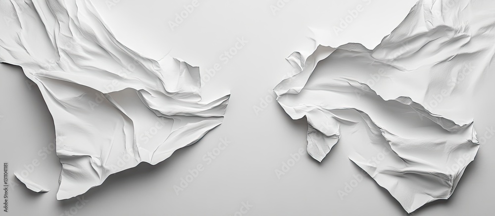Aufkleber Crumpled white paper sheets with textured folds showcasing empty space for creative design on light grey background ideal for artistic expression