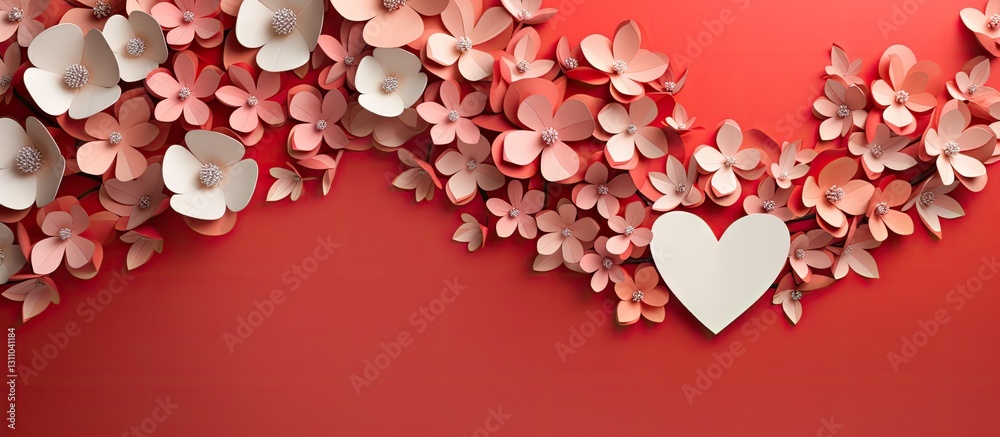 Poster delicate handmade heart-shaped paper flowers in soft pink and white on a coral background with ample
