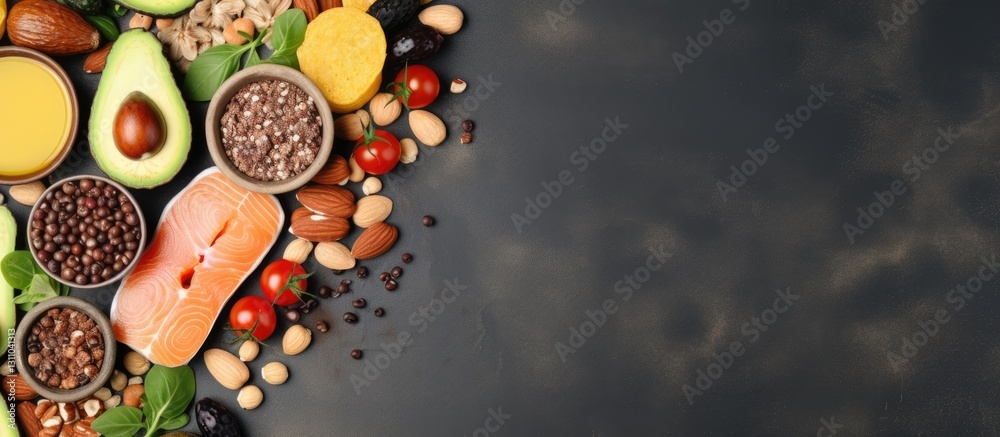 Poster Healthy fats and antioxidants flat lay with avocados cherry tomatoes nuts and salmon on dark background with ample copy space on right side