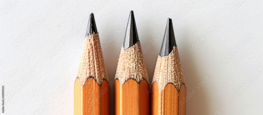Poster three sharpened wooden pencils in a row against a clean white background, showcasing orange barrels 