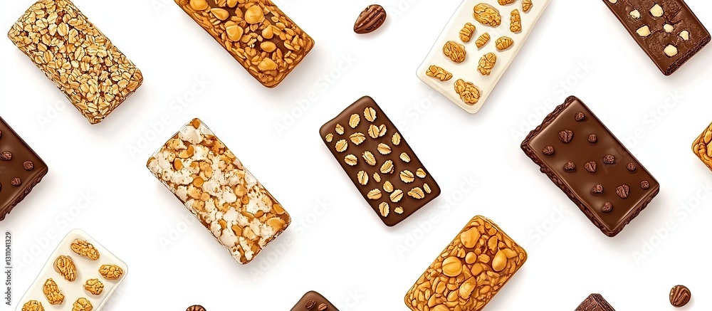 Poster top view assortment of colorful healthy granola protein bars arranged randomly on a white background