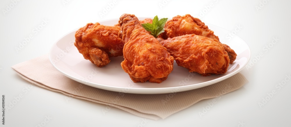 Poster golden-brown fried chicken legs arranged on a white plate atop a beige napkin with soft shadows and 