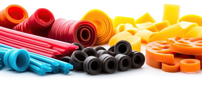 Colorful collection of thermoplastic elastomers including red, blue, black, yellow, and orange shapes arranged on a clean white background.