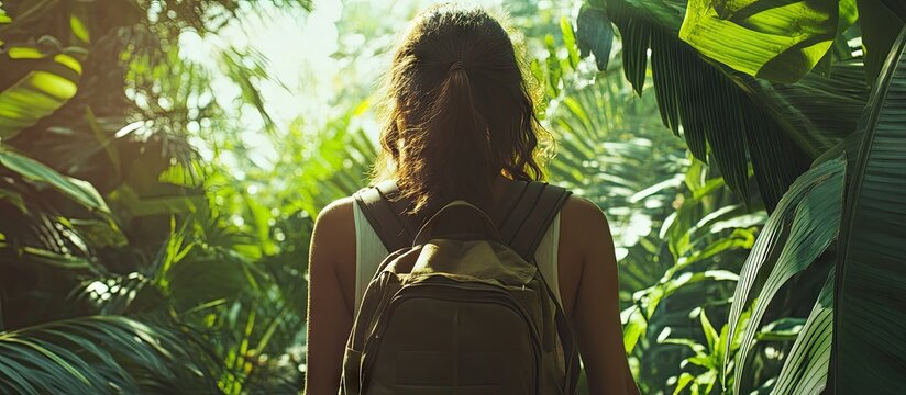 Young woman with backpack exploring lush green jungle, sunlight filtering through foliage, vibrant greens in background, serene outdoor adventure.