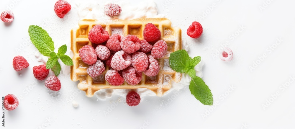 Poster delicious belgian waffle topped with fresh raspberries and mint leaves on a white background ample s