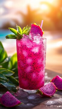dragonfruit artisan cocktail in glass on beach
