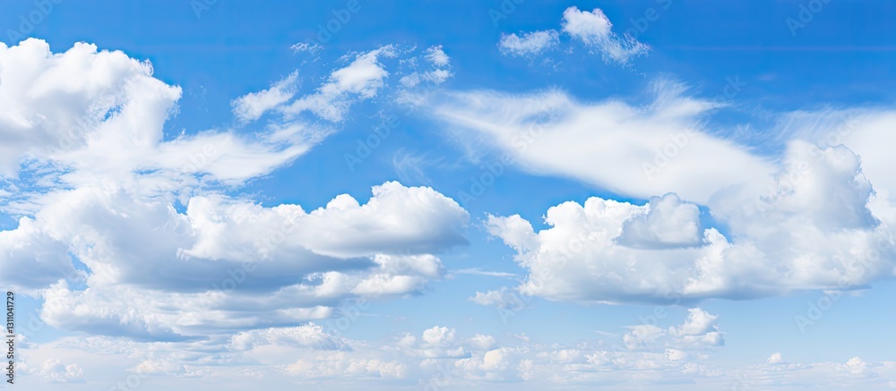 Poster Vast blue sky with fluffy white clouds scattered throughout creating an ideal blank space for text or design use in a serene atmosphere