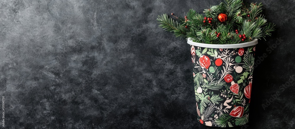 Poster Holiday themed paper cut design trash bin with greenery displayed on a textured dark background in a flat lay style showcasing vibrant colors.