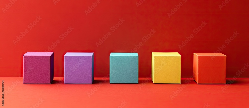 Poster Five empty colorful paper cubes arranged in a row on vibrant red background with ample copy space available for design and text placements.