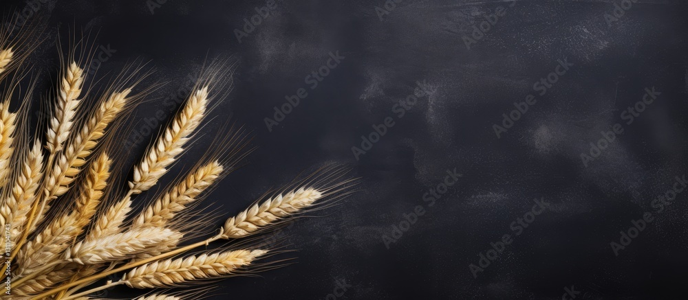 Poster Wheat stalks arranged on the left with golden hues against a textured black stone background, creating ample space for text on the right.