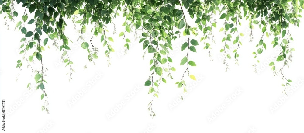 Aufkleber Lush green vine leaves cascading down from the top on a clean white background, creating a serene and natural atmosphere in the composition.