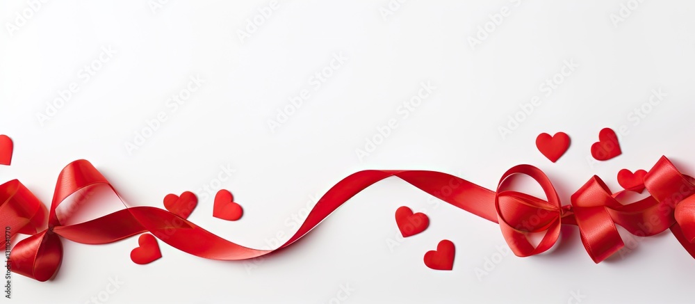 Poster red ribbon and heart-shaped decorations arranged elegantly on a white background with ample copy spa