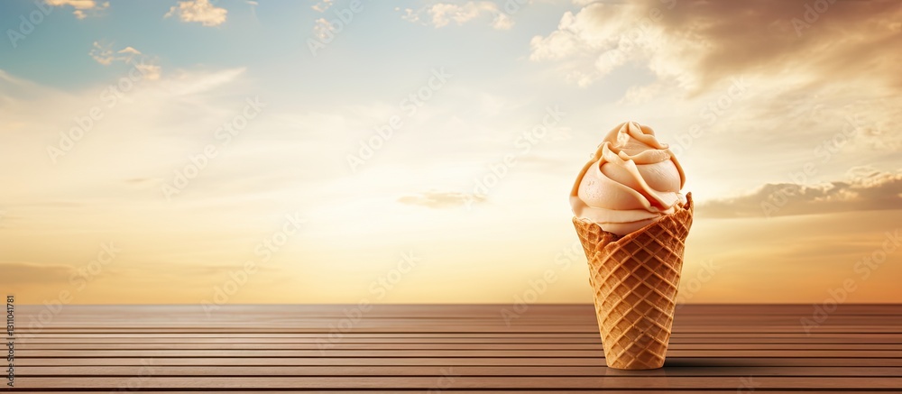 Poster delicious ice cream cone with swirled topping positioned on a wooden table against a tranquil sunset