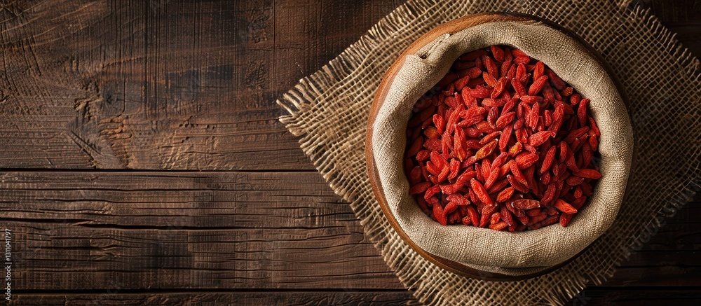 Aufkleber bowl of vibrant red goji berries on a rustic wooden table surrounded by a woven mat creating a warm 