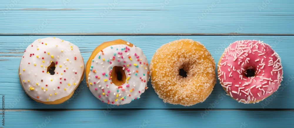 Aufkleber Four colorful glazed donuts arranged in a row on a vibrant blue wooden table with ample copy space for text on the left side of the image.