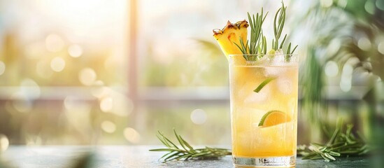 Refreshing cocktail featuring tonic water infused with fresh rosemary and pineapple, garnished with lime blossoms in a sunlit setting.