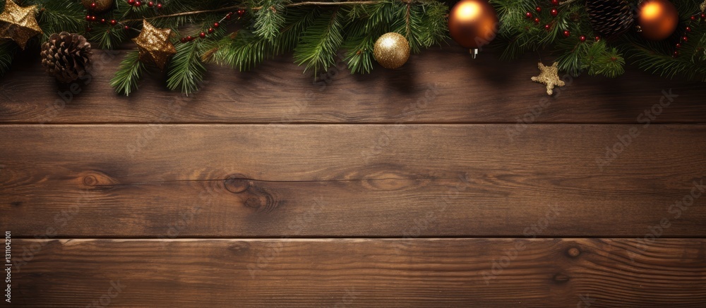 Poster top view of festive christmas fir tree branches with golden and bronze ornaments on rustic brown woo