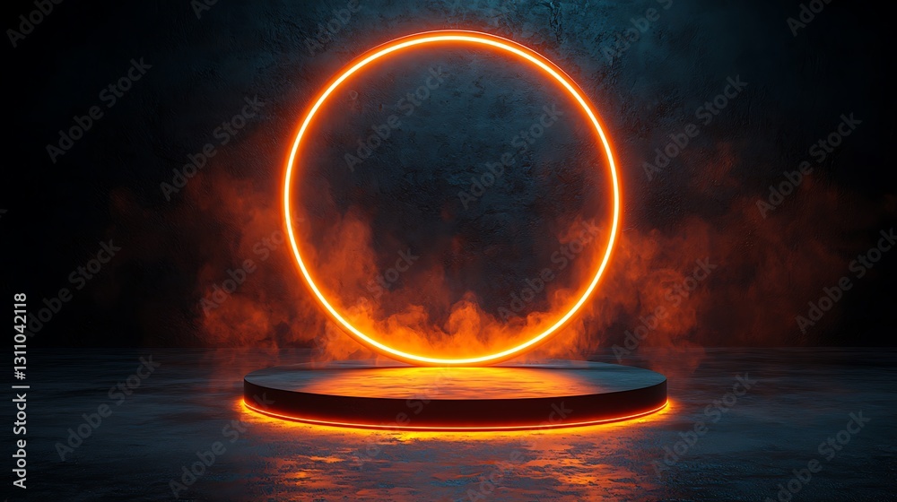 Aufkleber Orange Neon Circle Light Platform Dark Background Abstract 3D Rendering