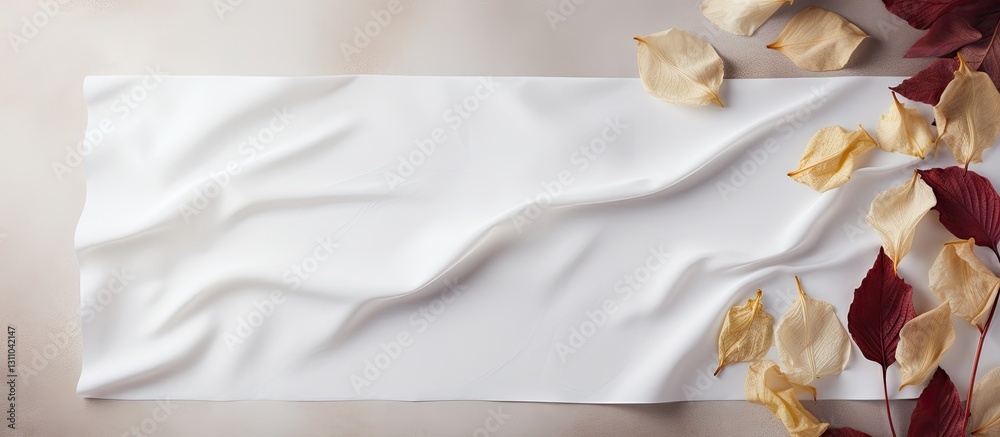 Leinwandbilder White fabric background featuring a textured sheet of paper along with scattered dried petals and leaves creating a natural and elegant design.