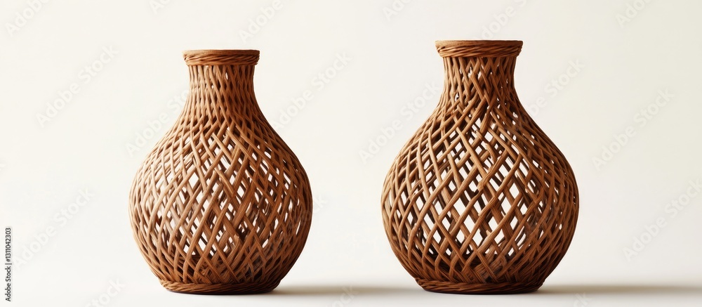 Aufkleber elegant duo of rattan vases in varied shapes, positioned side by side against a soft beige backgroun