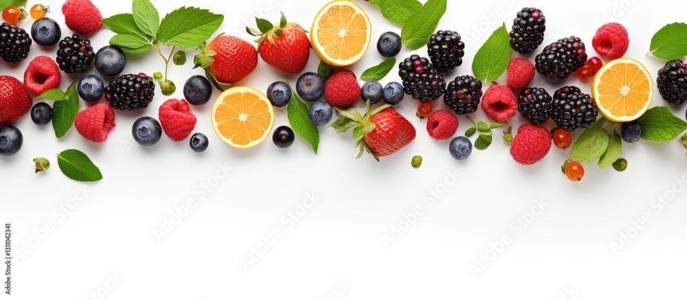 Poster vibrant assortment of mixed berries citrus fruits and green leaves arranged horizontally on a clean 