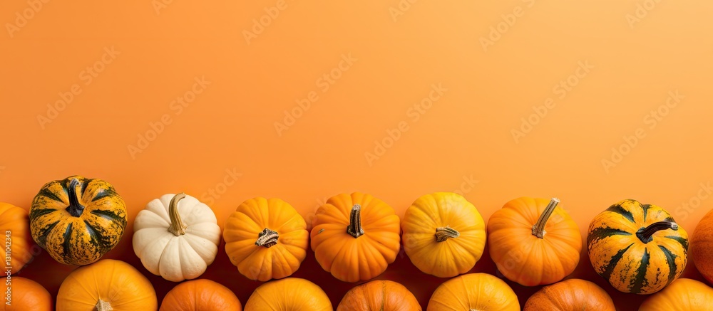Poster vibrant top view of assorted pumpkins in shades of orange and white lined along a warm orange backgr