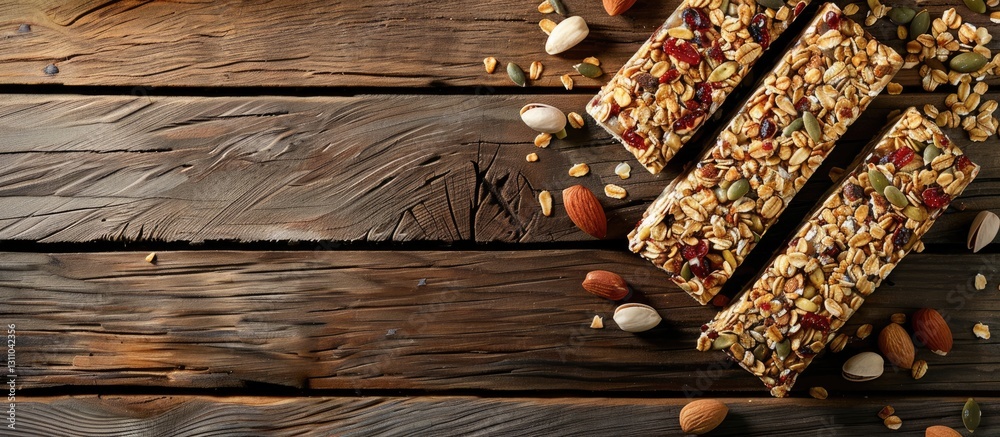 Poster Healthy muesli bars with nuts and seeds arranged diagonally on a rustic wooden table with ample copy space on the left side of the image.