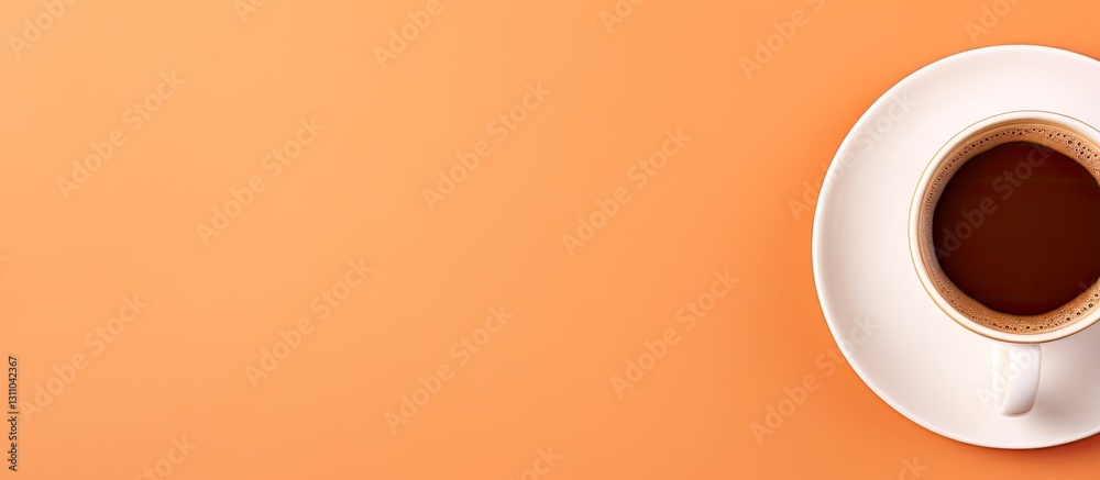 Poster Top view of a white coffee cup filled with dark coffee on an orange background with ample clear copy space on the left side for text placement