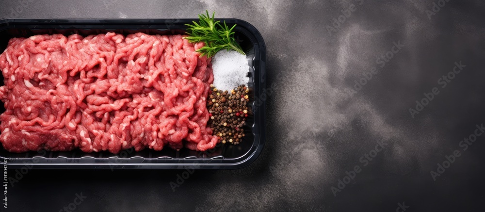 Poster fresh minced meat in a black plastic tray on a gray stone background garnished with herbs and coarse