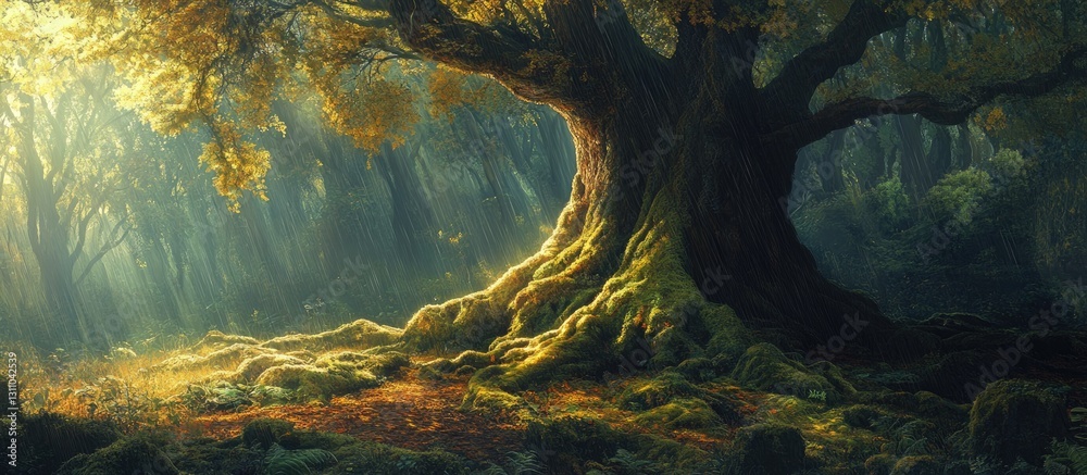 Fototapete majestic tree roots basking in golden sunlight with lush green foliage, creating a serene forest atm