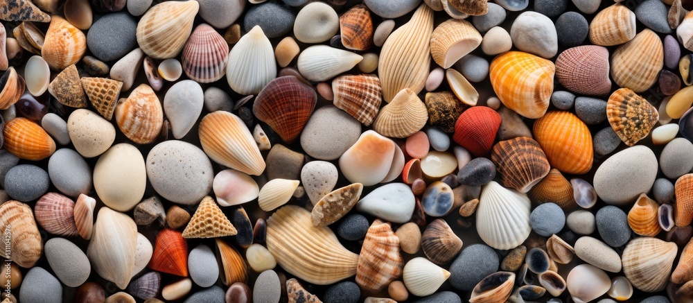 Poster Colorful assortment of stones and sea shells in various patterns on a textured surface with rich browns and creams creating natural beauty
