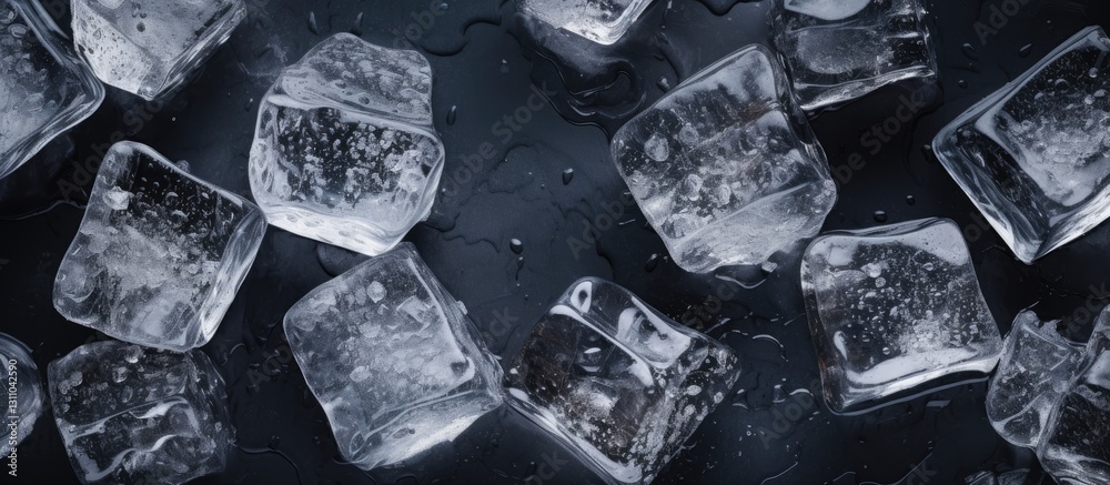 Aufkleber Top view of clear ice cubes scattered on a dark black bar surface with droplets creating a refreshing ambiance and ample copy space for text.