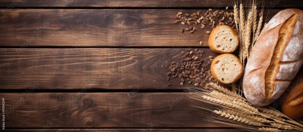 Poster freshly baked artisanal bread on a rustic wooden surface with golden wheat stalks and scattered grai