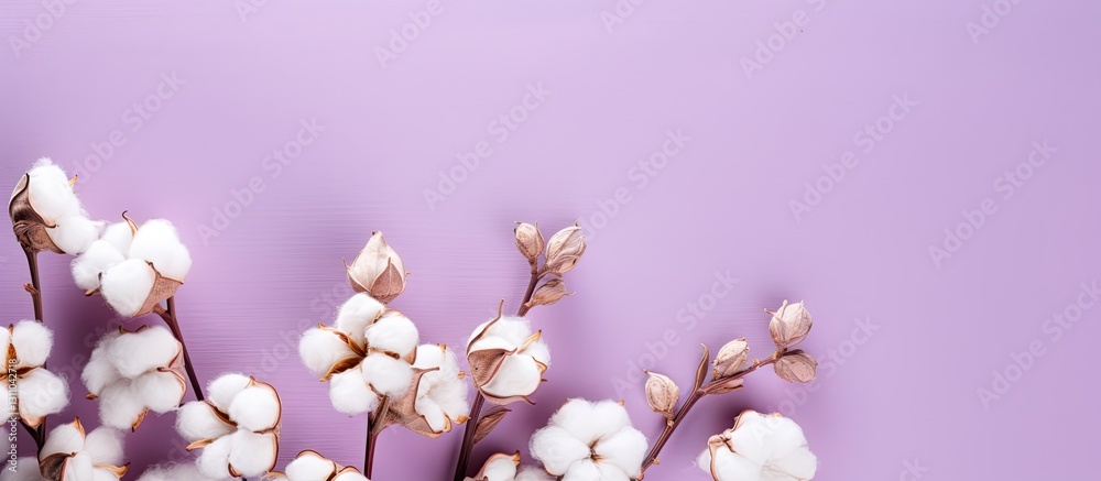 Poster fluffy cotton flowers arranged asymmetrically on a lilac background with ample upper left copy space