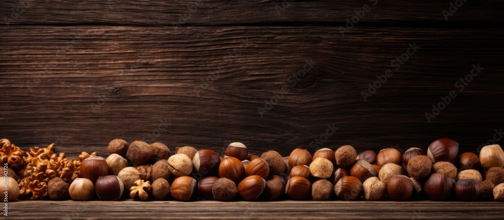 Aufkleber Assorted nuts and hazelnuts arranged on a wooden background with dark brown hues creating a natural and rustic atmosphere for text placement