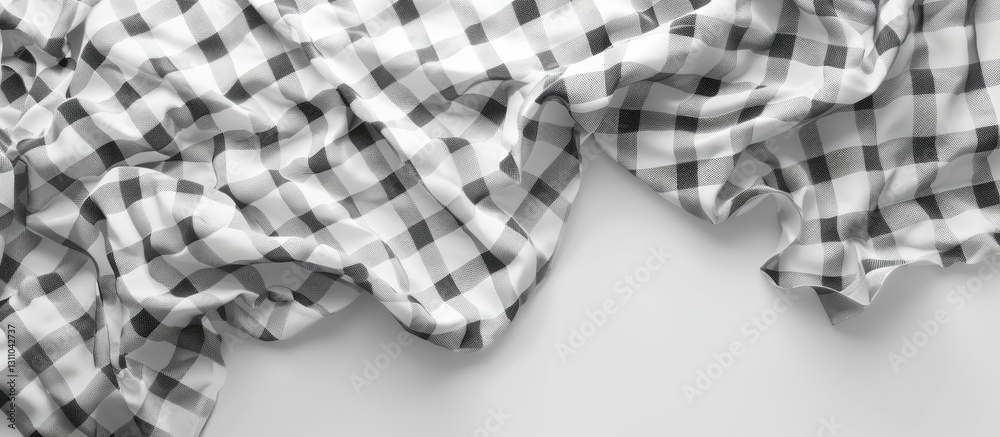 Fototapete Crumpled black and white checkered fabric on a light grey background with ample copy space for design or textile related concepts.
