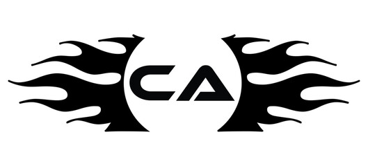 Futuristic abstract Logo with Fiery Flame Motif and Geometric 'CA' Emblem, Black and White Artwork